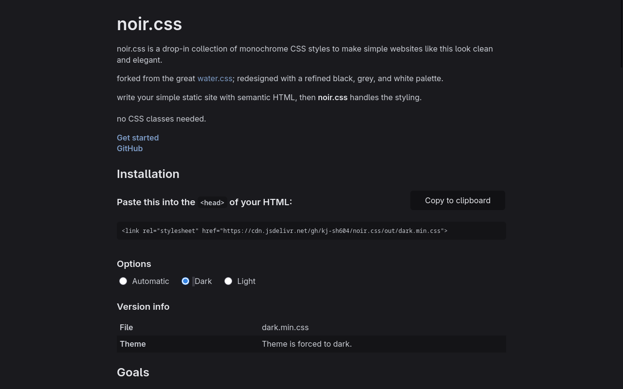 screenshot of noir.css demo page