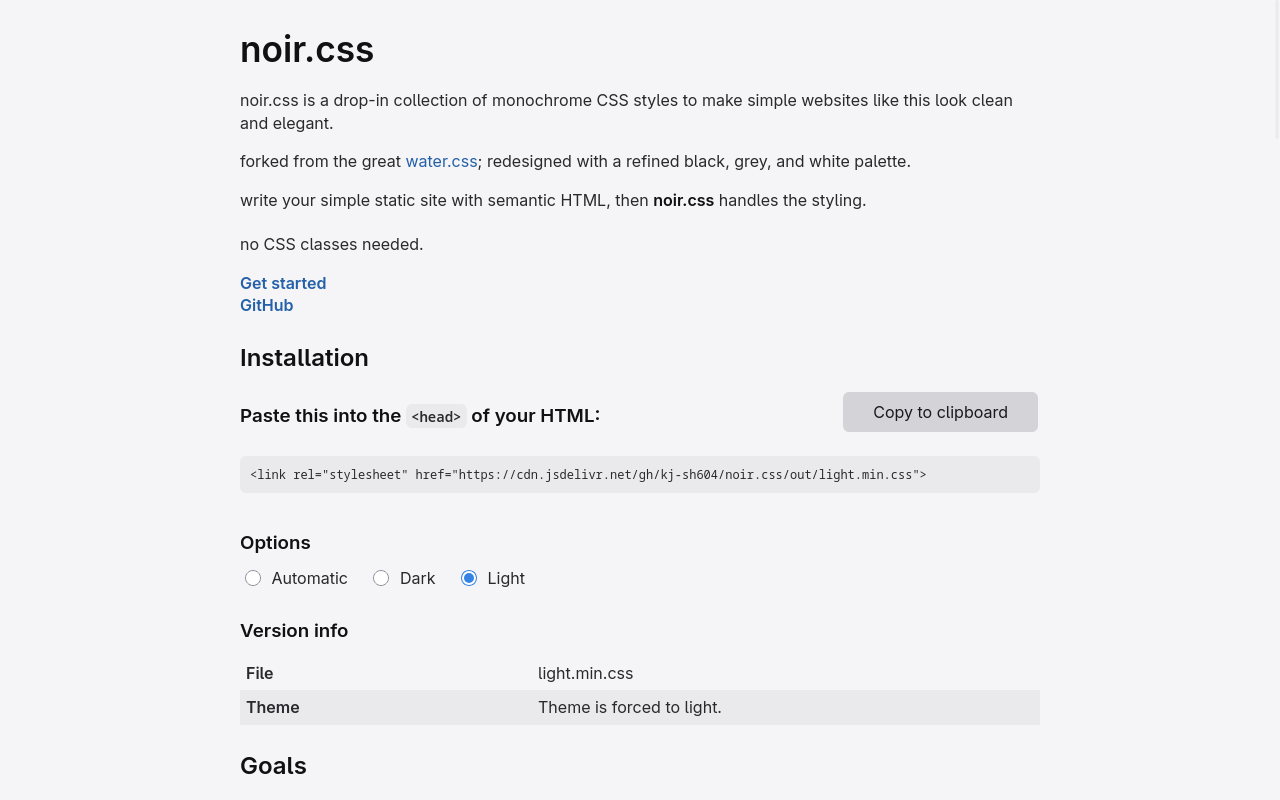 screenshot of noir.css demo page